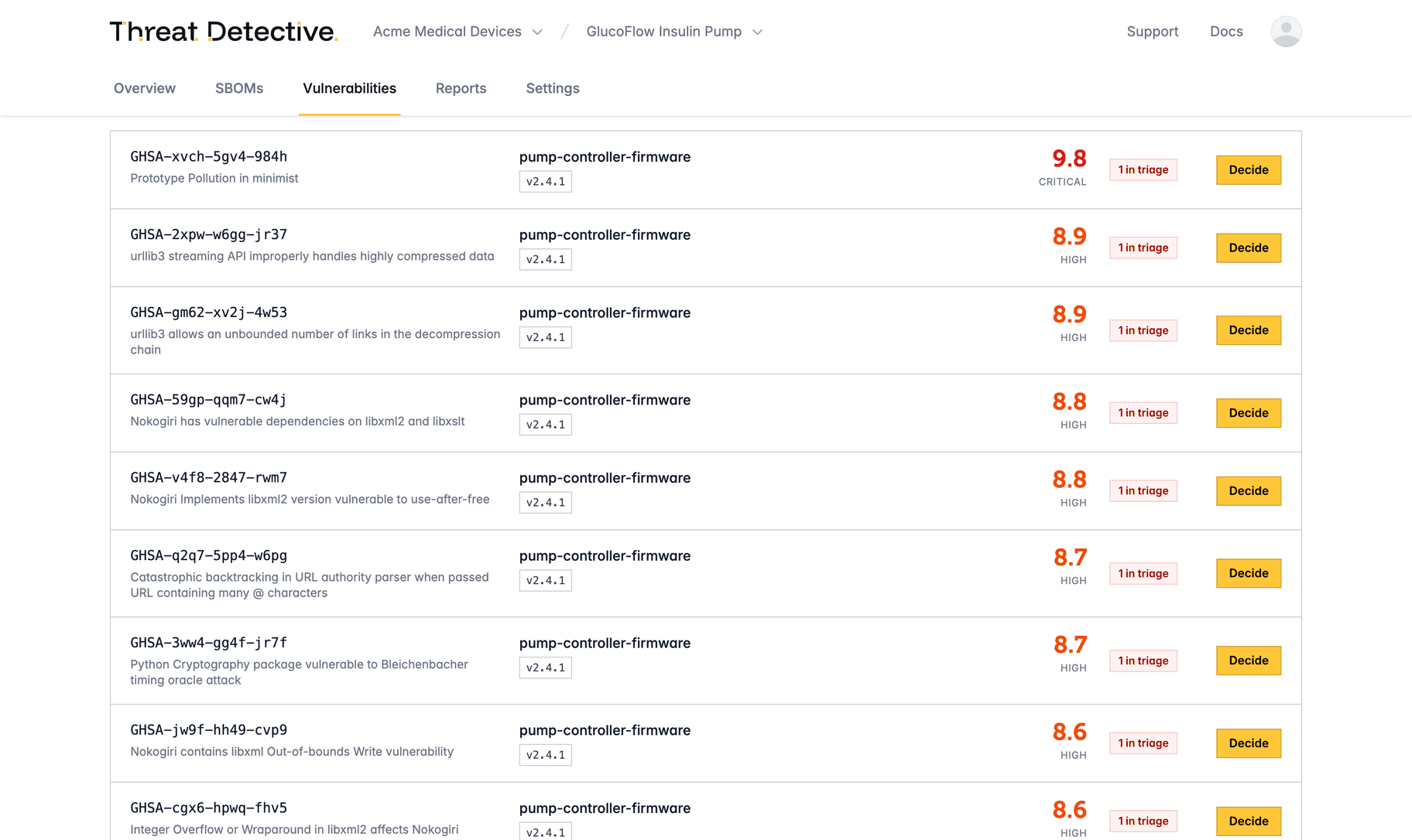 Threat Detective vulnerability scanning results for a device firmware SBOM: CVSS-scored findings, each with its triage state and a decision to record
