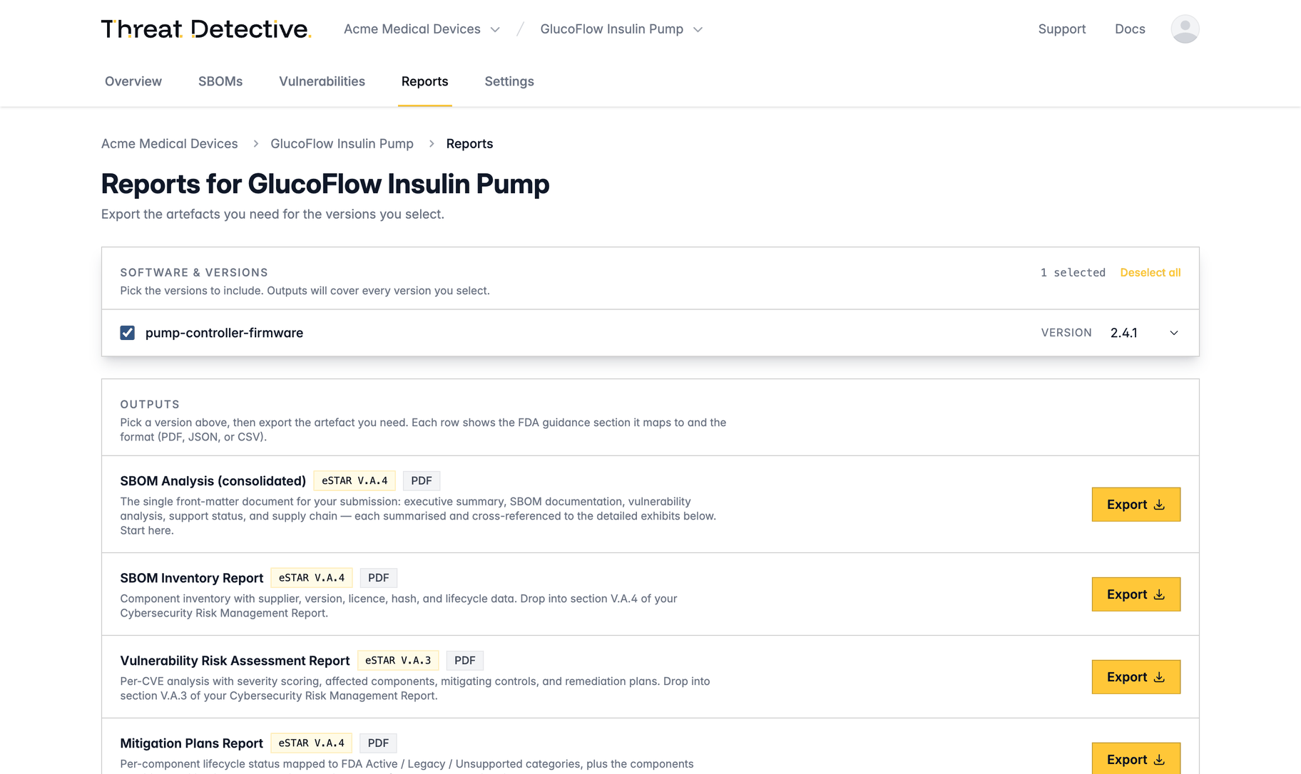 Threat Detective reports view: exportable FDA eSTAR artefacts for a selected firmware version, including SBOM analysis, inventory, and vulnerability risk assessment reports