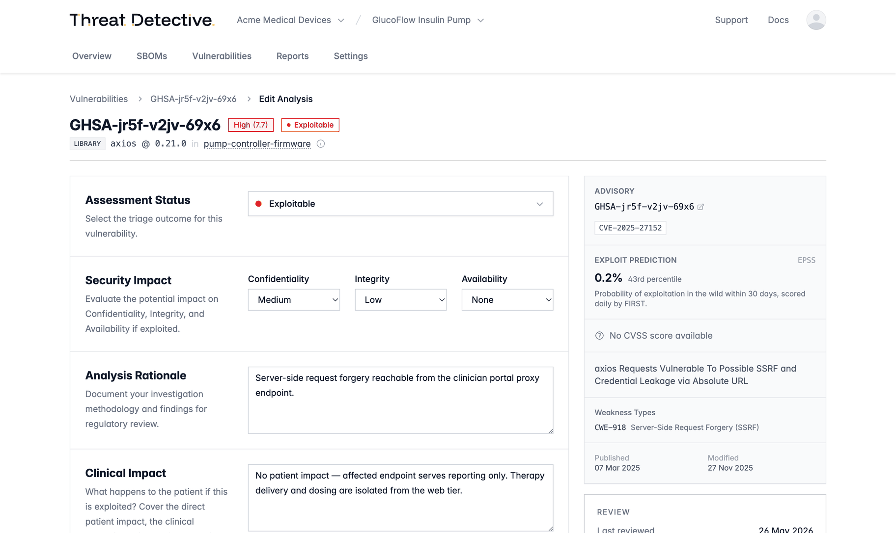 Threat Detective triage workflow: a form for recording assessment status, security impact, analysis rationale, and clinical impact for a CVE, with advisory and EPSS data alongside
